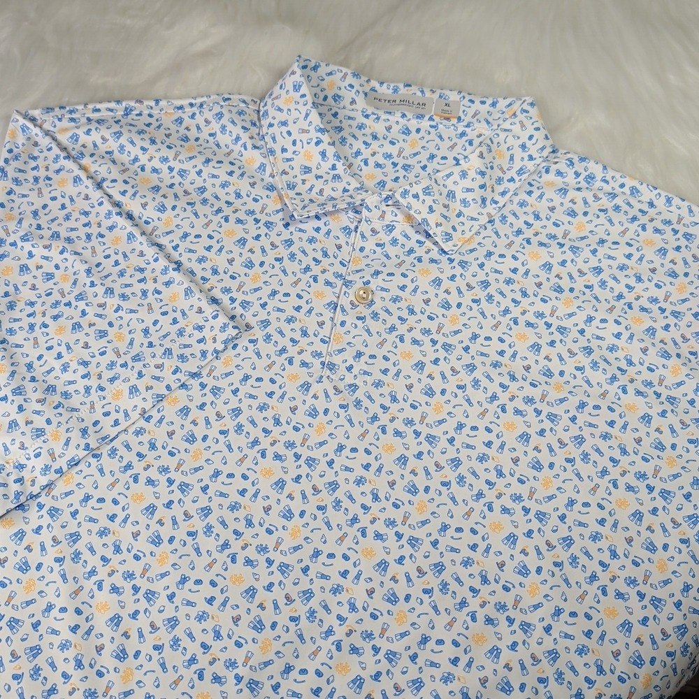 Peter Millar Polo Men XL White Blue Scuba Dive Print Featherweight UPF 50+ Golf